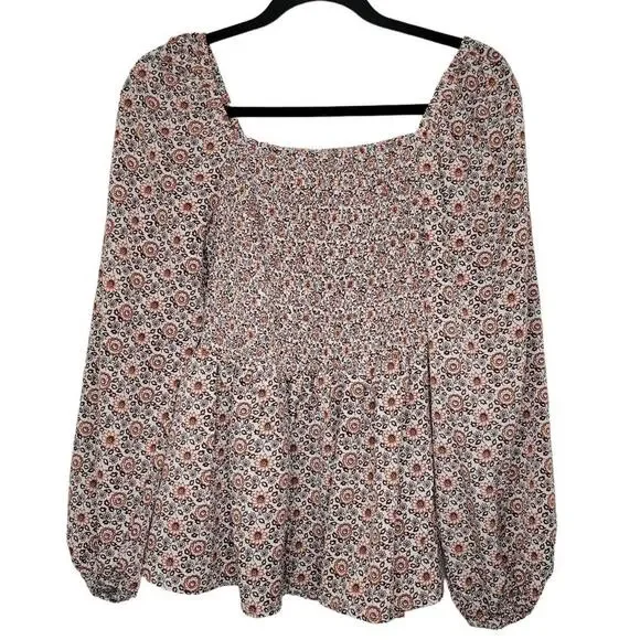 Hayden Smocked Puff Sleeve Floral Print Square Neck Peplum Blouse Women Sz S - Picture 2 of 9
